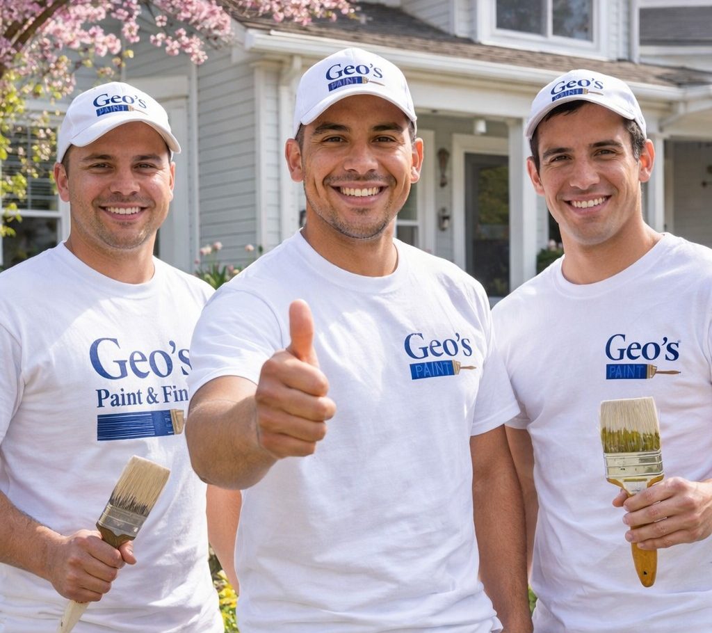 Three smiling men in matching "Geo's Paint & Finish" shirts and caps stand outside a house. Two hold paintbrushes, and the man in the center gives a thumbs up. Blossoming trees and the house are visible in the background.