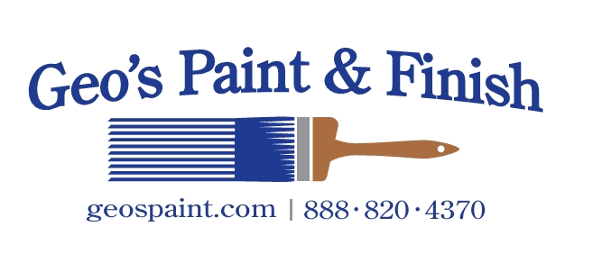 Logo for Geo’s Paint & Finish featuring a blue paintbrush graphic, the business name in blue text above, and contact information with website and phone number below.