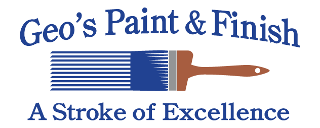Logo for Geo’s Paint & Finish featuring a paintbrush with blue bristles and the slogan “A Stroke of Excellence” below the company name in blue text.